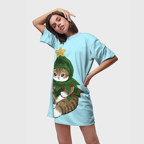 Женская длинная футболка Кот-ёлочка / 3D-принт – фото 3