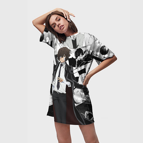 Женская длинная футболка Дазай Осаму на фоне манги / 3D-принт – фото 3
