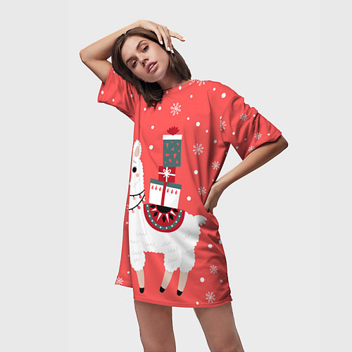 Женская длинная футболка Лама Новый год / 3D-принт – фото 3
