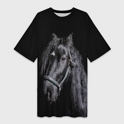 Футболка женская длинная Лошадь на черном фоне, цвет: 3D-принт