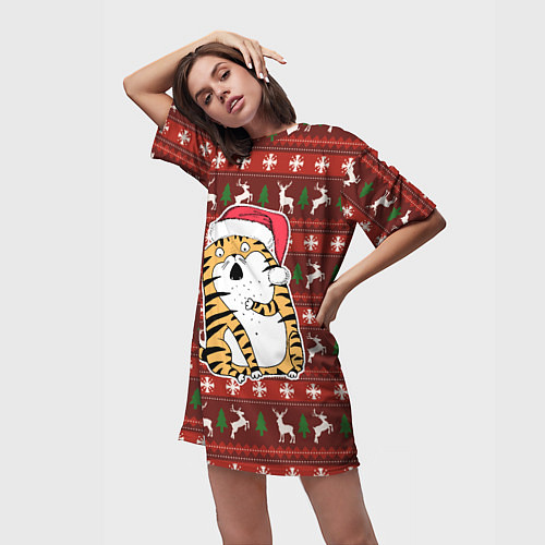 Женская длинная футболка Рождественский удивленный тигр / 3D-принт – фото 3