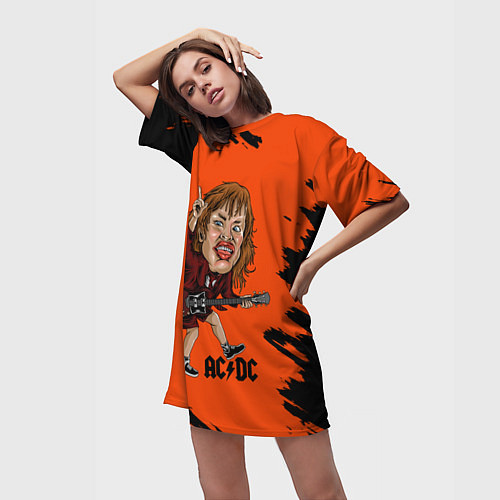 Женская длинная футболка Шарж Ангус Янг ACDC / 3D-принт – фото 3