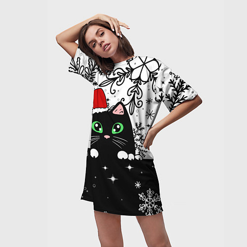 Женская длинная футболка Новогодний кот в колпаке Санты / 3D-принт – фото 3