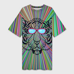 Футболка женская длинная Тигр в розовых очках, цвет: 3D-принт