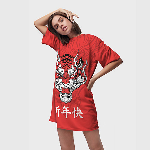 Женская длинная футболка Красный тигр - дракон / 3D-принт – фото 3