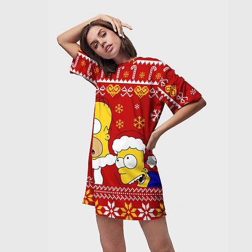 Женская длинная футболка Новогодний Гомер и Барт Симпсоны / 3D-принт – фото 3