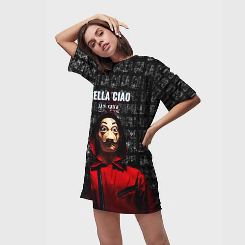 Женская длинная футболка БУМАЖНЫЙ ДОМ, LA CASA DE PAPEL BELLA CIAO / 3D-принт – фото 3
