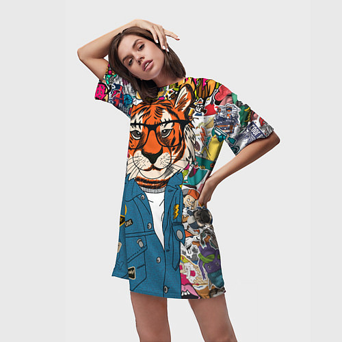 Женская длинная футболка Стикербомбинг с тигром / 3D-принт – фото 3