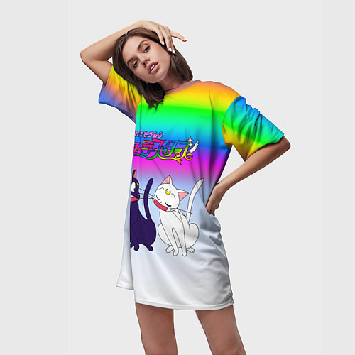 Женская длинная футболка Луна и Артемис под радугой / 3D-принт – фото 3