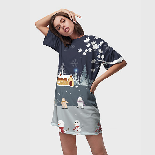 Женская длинная футболка Снеговики и Мишки 2022 / 3D-принт – фото 3