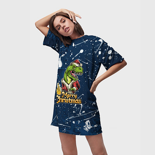 Женская длинная футболка Merry Christmas Пивозавр / 3D-принт – фото 3