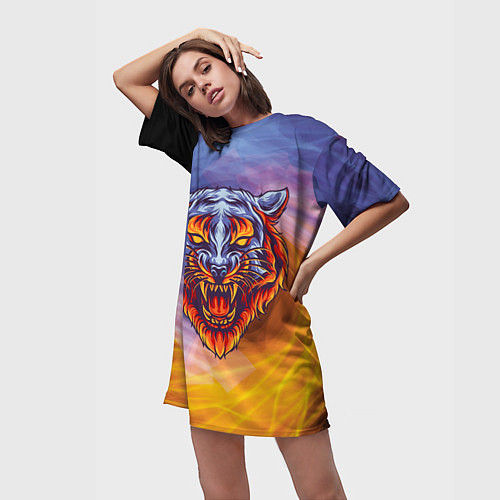 Женская длинная футболка Тигр в водно-огненной стихии / 3D-принт – фото 3