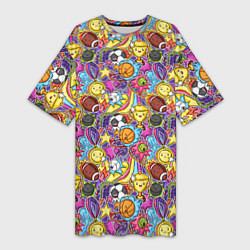Футболка женская длинная Разный спорт в мультяшном стиле, цвет: 3D-принт