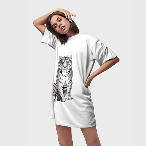 Женская длинная футболка Сидящая белая тигрица / 3D-принт – фото 3