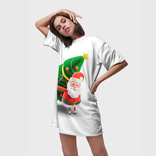 Женская длинная футболка Дед мороз с елкой / 3D-принт – фото 3