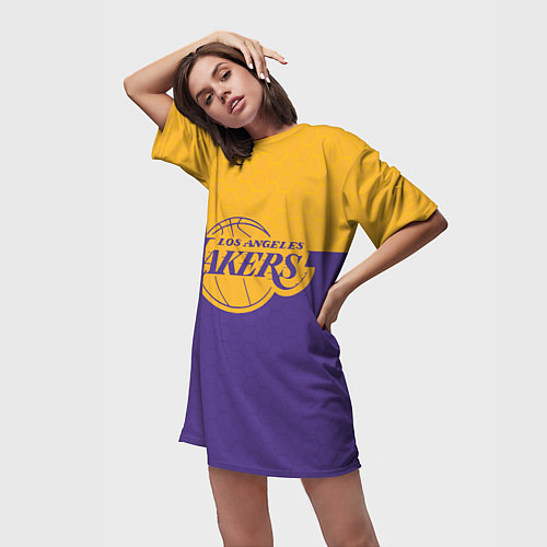 Женская длинная футболка LAKERS LINE HEXAGON SPORT / 3D-принт – фото 3
