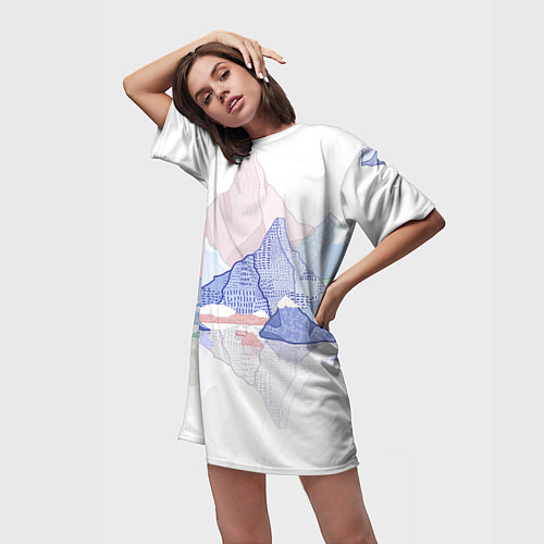 Женская длинная футболка Разноцветные пастельные оттенки гор в отражении во / 3D-принт – фото 3