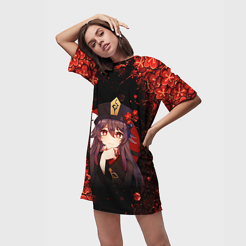 Женская длинная футболка GENSHIN IMPACT HU TAO ГЕНШИН ИМПАКТ ХУ ТАО FLOWERS / 3D-принт – фото 3
