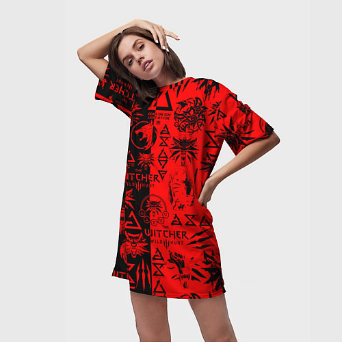 Женская длинная футболка THE WITCHER LOGOBOMBING BLACK RED / 3D-принт – фото 3