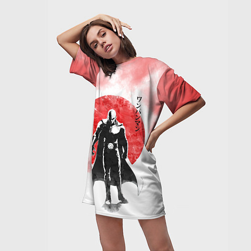 Женская длинная футболка Сайтама красный дым One Punch-Man / 3D-принт – фото 3