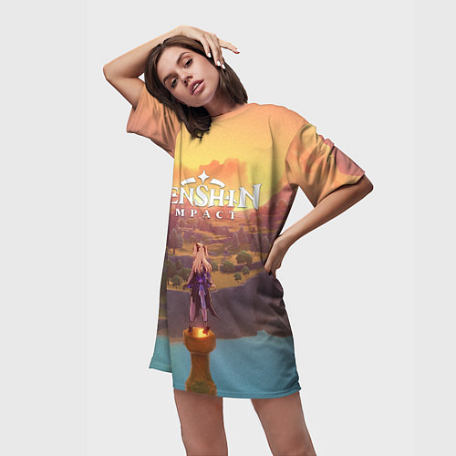 Женская длинная футболка КРАСОЧНЫЙ МИР GENSHIN IMPACT ЗАКАТ / 3D-принт – фото 3