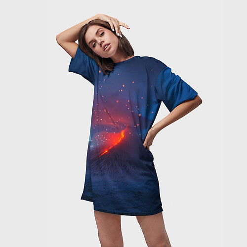 Женская длинная футболка Извержение вулкана ночью / 3D-принт – фото 3