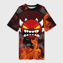 Футболка женская длинная GEOMETRY DASH DEMON FIRE SMILE, цвет: 3D-принт