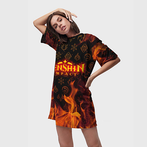 Женская длинная футболка GENSHIN IMPACT FIRE SYMBOL ОГНЕННАЯ СТИХИЯ / 3D-принт – фото 3