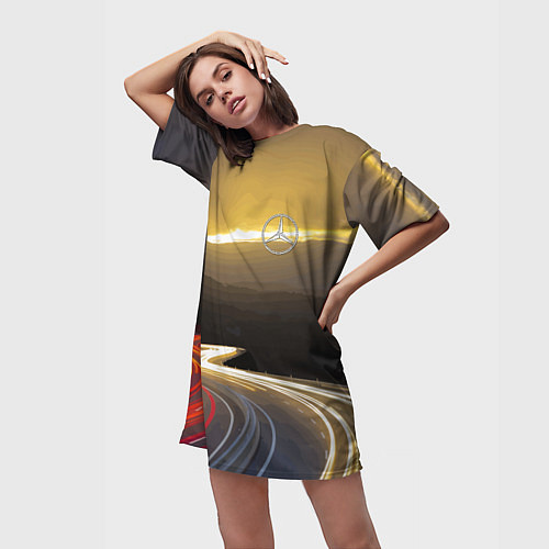 Женская длинная футболка Ночная трасса, Мерседес / 3D-принт – фото 3