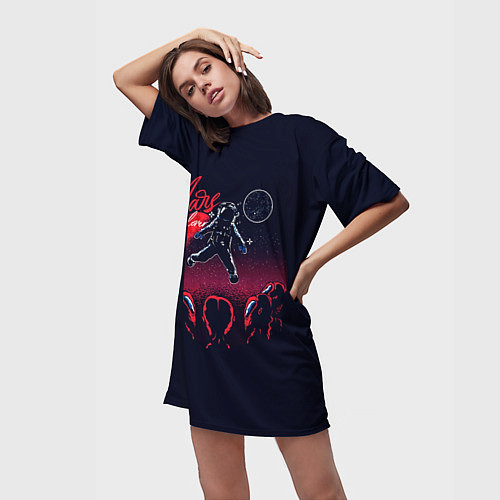Женская длинная футболка Неожиданная встреча в космосе / 3D-принт – фото 3