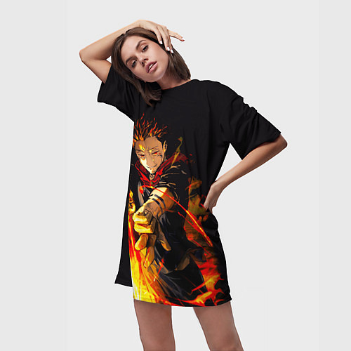 Женская длинная футболка Сукуна стреляет пламенем Магическая битва / 3D-принт – фото 3