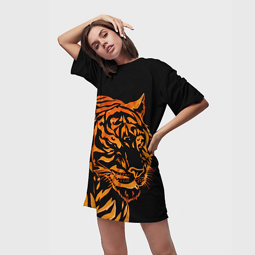 Женская длинная футболка Огненный Еигр Fire Еiger Пламя / 3D-принт – фото 3