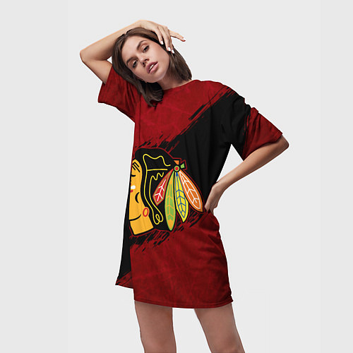 Женская длинная футболка Chicago Blackhawks, Чикаго Блэкхокс / 3D-принт – фото 3