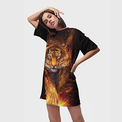 Футболка женская длинная Огненный тигр Сила огня, цвет: 3D-принт — фото 2