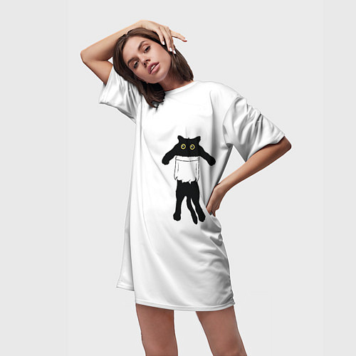 Женская длинная футболка Кот висит в кармане 3D / 3D-принт – фото 3