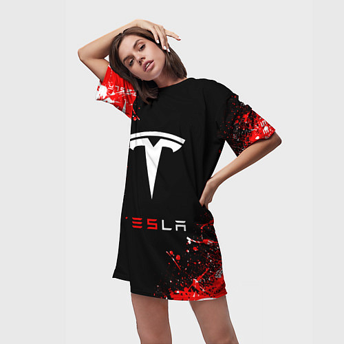 Женская длинная футболка Tesla sport auto / 3D-принт – фото 3