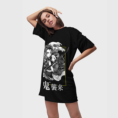 Женская длинная футболка Танджиро и Незуко Камадо / 3D-принт – фото 3