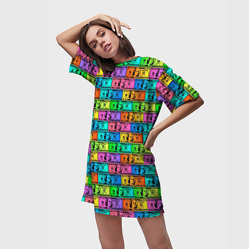 Женская длинная футболка Разноцветные Доллары / 3D-принт – фото 3