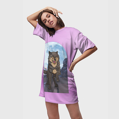Женская длинная футболка Волк оборотень в полнолуние, лиловое небо / 3D-принт – фото 3