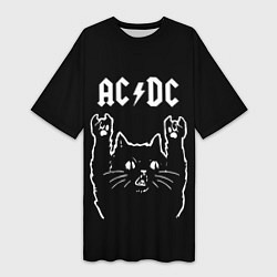 Футболка женская длинная AC DC, Рок кот, цвет: 3D-принт