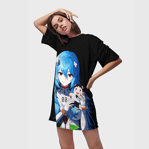 Женская длинная футболка Рей Аянами с игрушкой Синдзи Евангелион / 3D-принт – фото 3