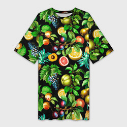Футболка женская длинная Сочные фрукты - персик, груша, слива, ананас, цвет: 3D-принт