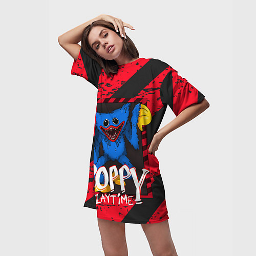 Женская длинная футболка Poppy Playtime RED WARNING / 3D-принт – фото 3