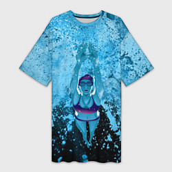 Футболка женская длинная Спортивное плавание Голубая вода, цвет: 3D-принт