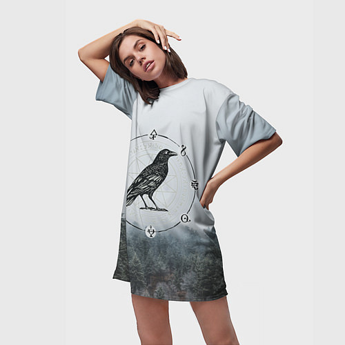 Женская длинная футболка ВОРОН НА РУНАХ РУНЫ / 3D-принт – фото 3