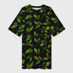 Футболка женская длинная Яркие зеленые листья на черном фоне, цвет: 3D-принт