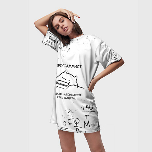 Женская длинная футболка КОТ ПРОГРАММИСТ / 3D-принт – фото 3