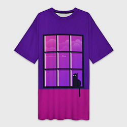 Футболка женская длинная Кот сидит у окна, цвет: 3D-принт