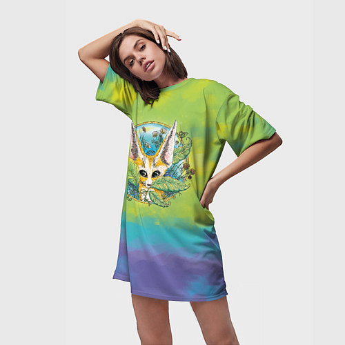 Женская длинная футболка Лиса фенек среди цветов / 3D-принт – фото 3