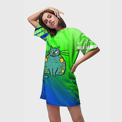 Женская длинная футболка Прикольный зеленый кот / 3D-принт – фото 3